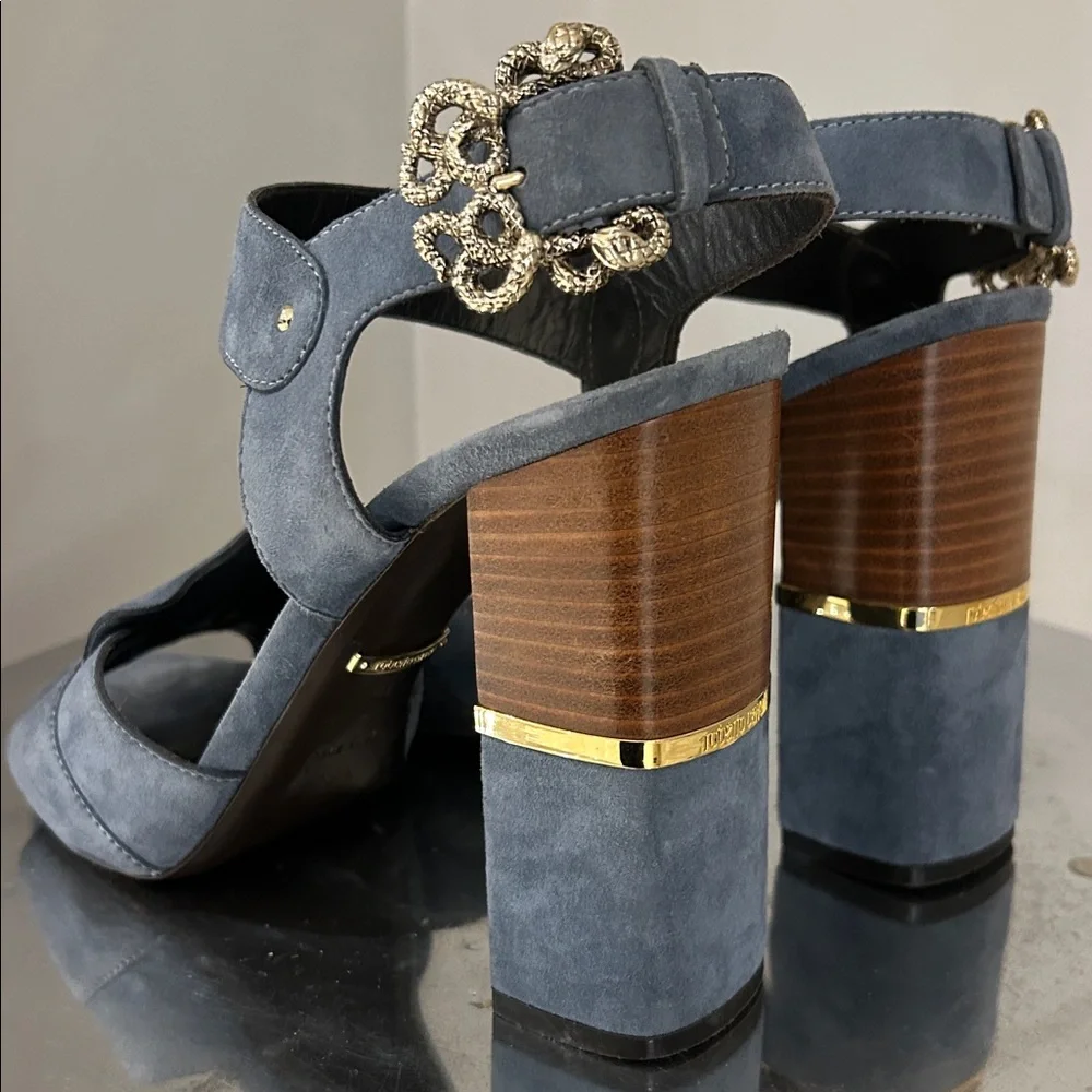 Roberto Cavalli Women's Blue Suede Block Heel Sandals - Picture 13 of 13